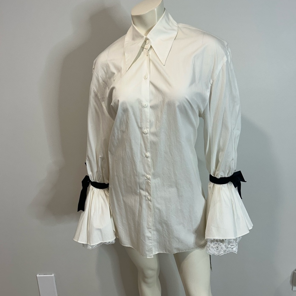 Elegant White Button Down Shirt with Black bow by Marcella NY❤️4